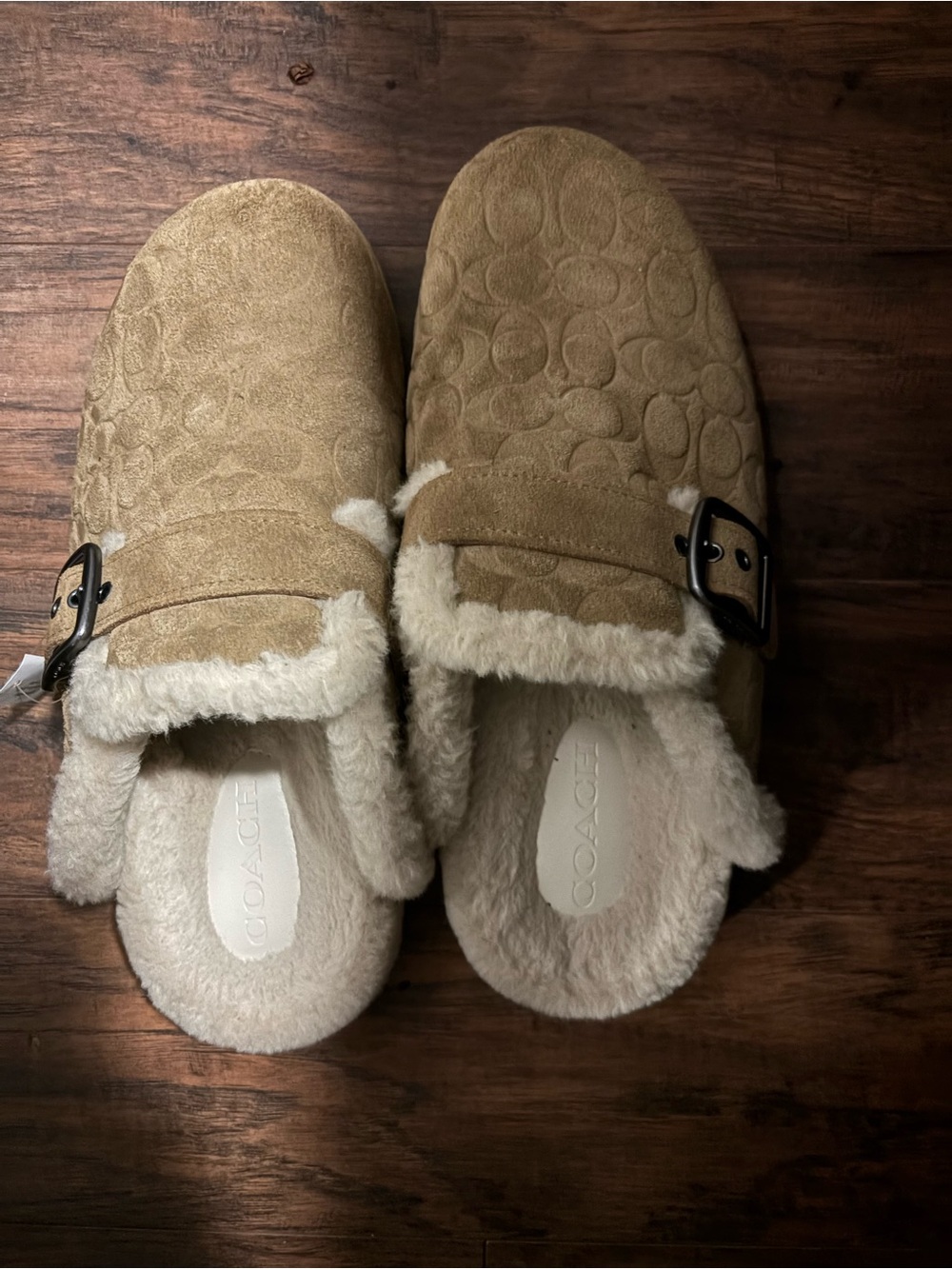 Coach Suede Shearling Clogs in Tan and Cream